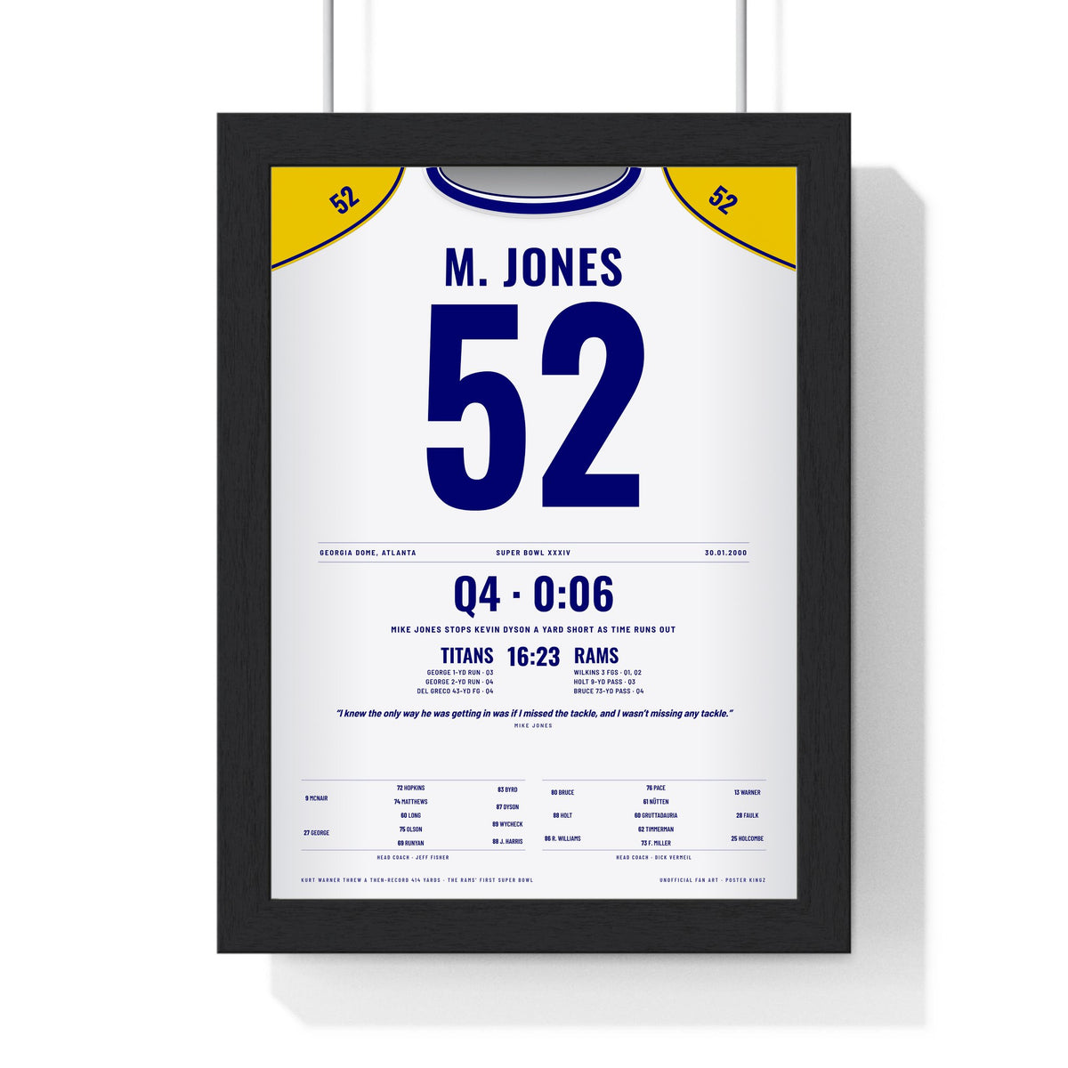 St. Louis Rams Super Bowl XXXIV Poster - Mike Jones 52 The Tackle Jersey Print framed in a black frame, ready to hang