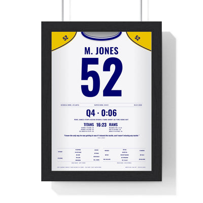 St. Louis Rams Super Bowl XXXIV Poster - Mike Jones 52 The Tackle Jersey Print framed in a black frame, ready to hang