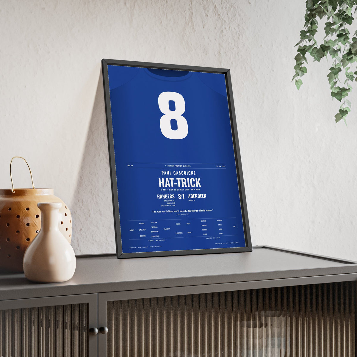 Rangers Gascoigne Hat-Trick 1996 Poster - Paul Gascoigne 8 Ibrox Title Shirt Print framed and leaning on a sideboard