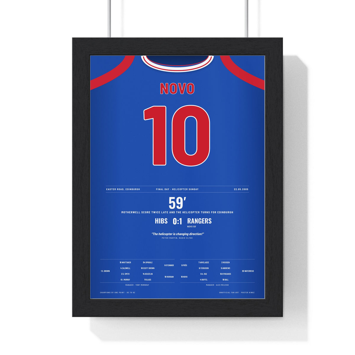 Rangers Novo 10 Helicopter Sunday 2005 Poster framed in a black frame, ready to hang