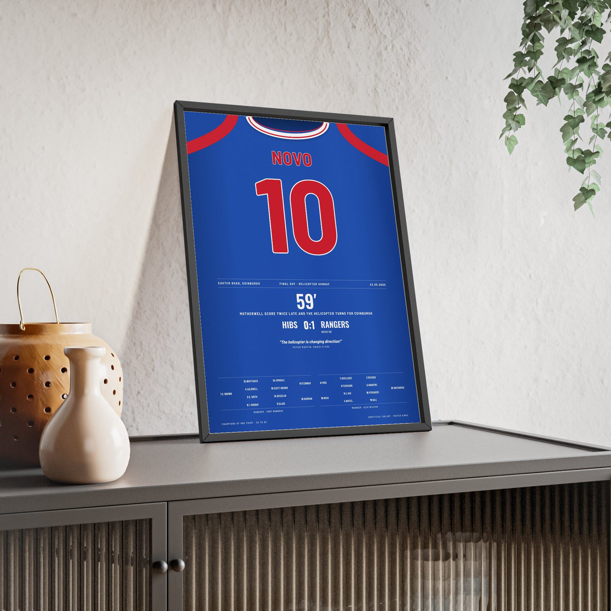 Rangers Novo 10 Helicopter Sunday 2005 Poster framed and leaning on a sideboard
