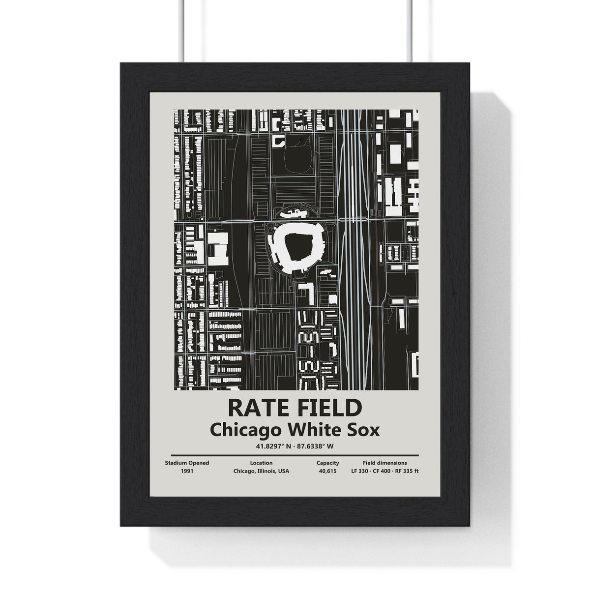 Rate Field map print framed in a black frame, ready to hang
