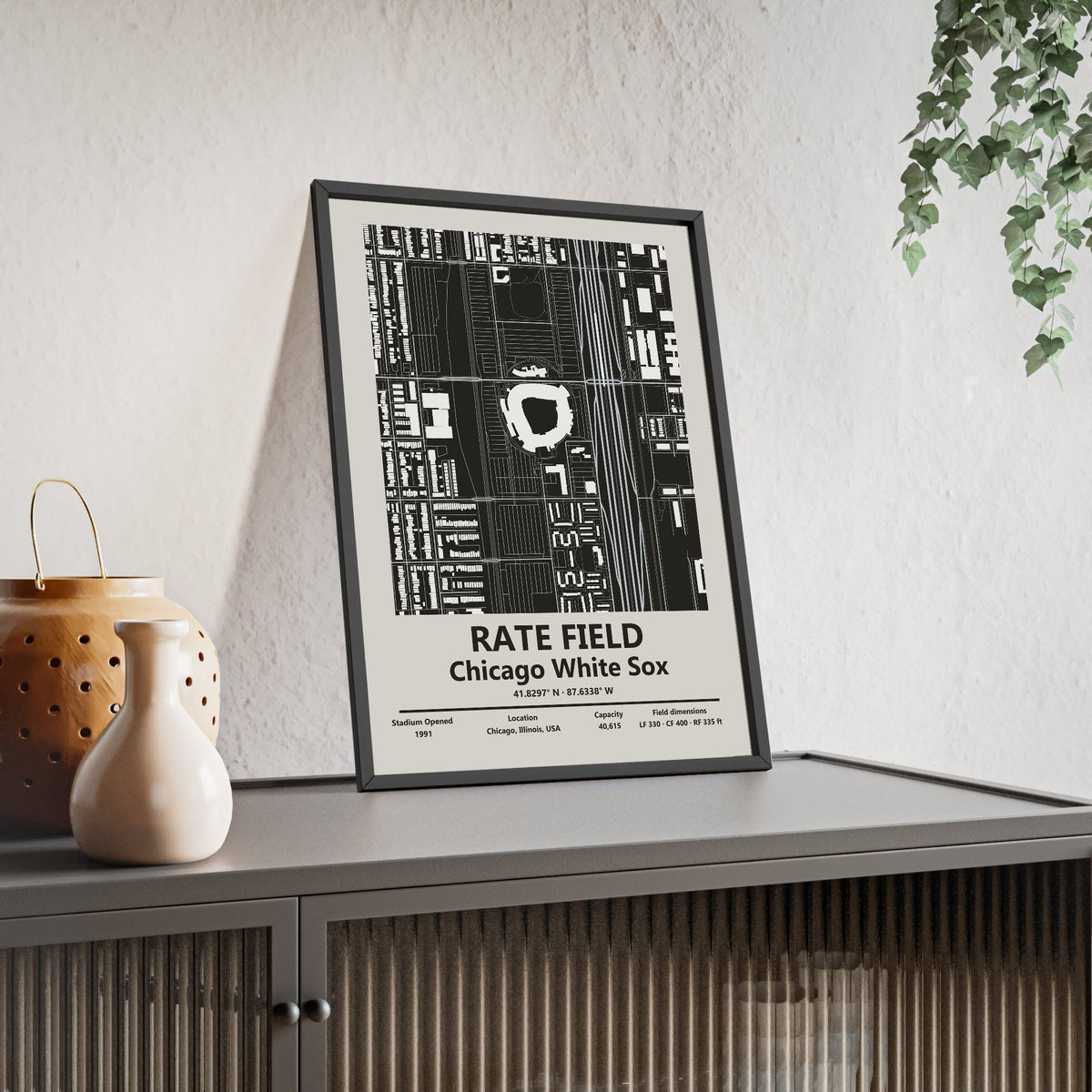 Rate Field map print framed and leaning on a sideboard