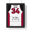 Ray Allen 2013 NBA Finals Game 6 Poster - Miami Heat 34 Corner Three Jersey Print framed in a black frame, ready to hang
