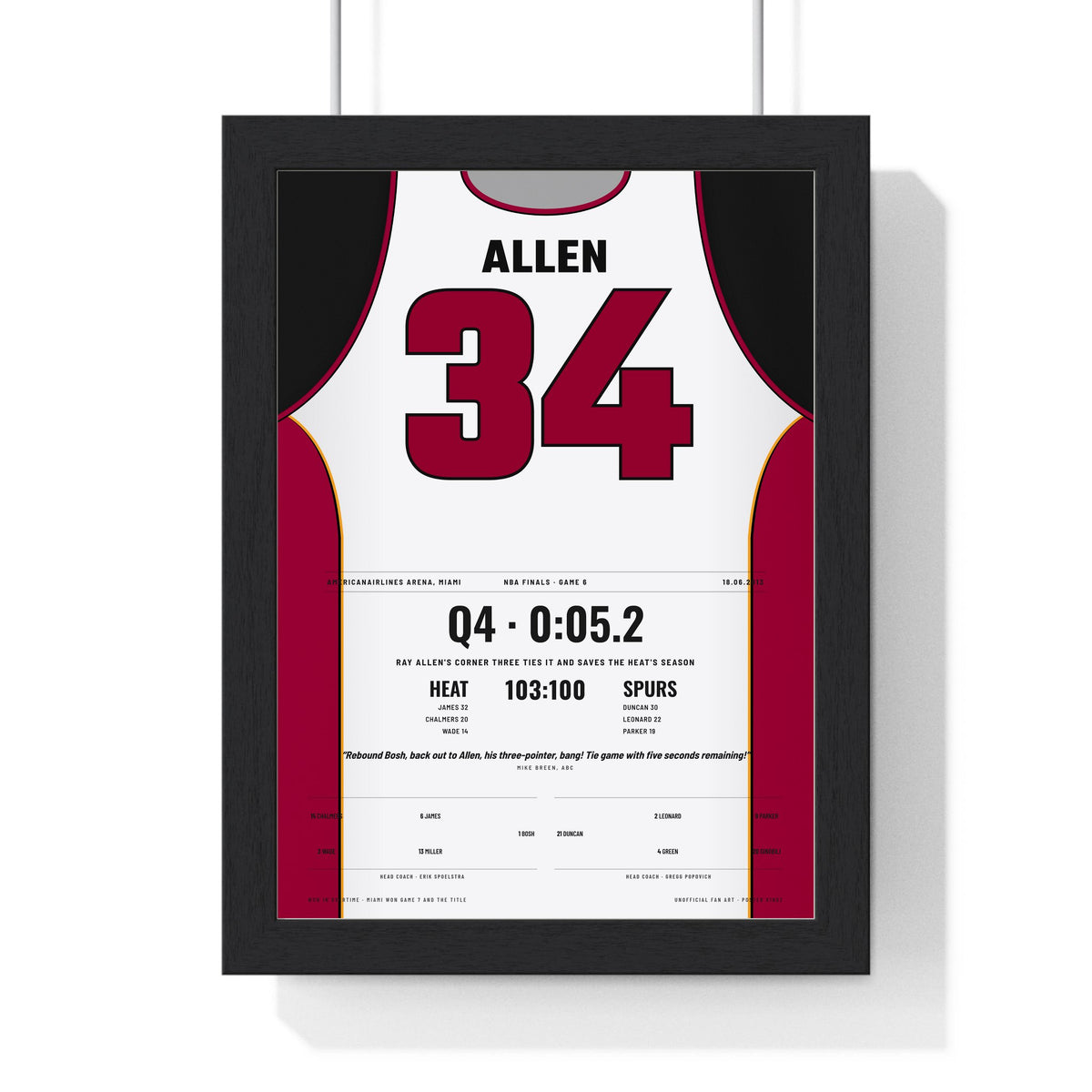 Ray Allen 2013 NBA Finals Game 6 Poster - Miami Heat 34 Corner Three Jersey Print framed in a black frame, ready to hang