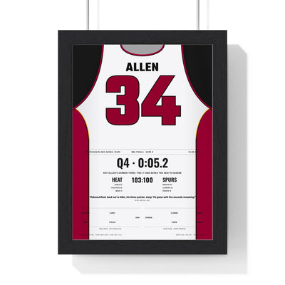 Ray Allen 2013 NBA Finals Game 6 Poster - Miami Heat 34 Corner Three Jersey Print framed in a black frame, ready to hang