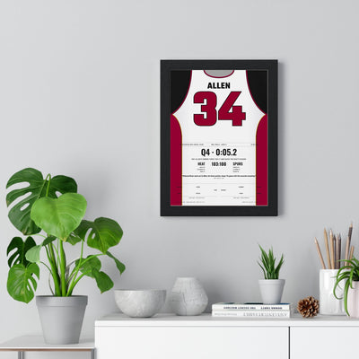Ray Allen 2013 NBA Finals Game 6 Poster - Miami Heat 34 Corner Three Jersey Print framed on a living room wall