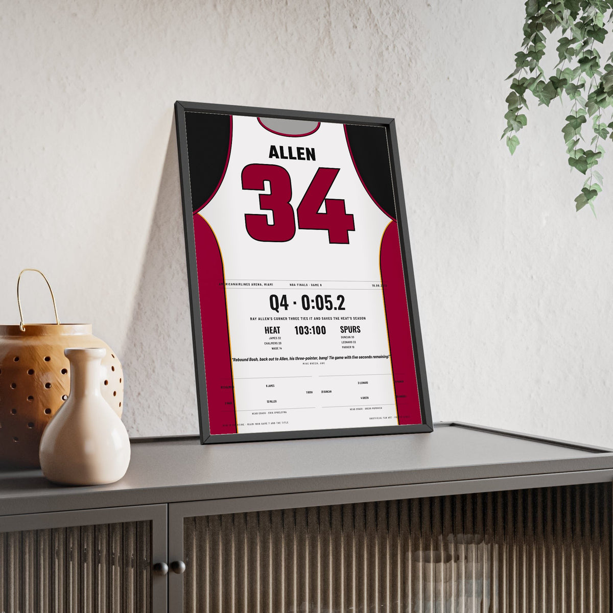 Ray Allen 2013 NBA Finals Game 6 Poster - Miami Heat 34 Corner Three Jersey Print framed and leaning on a sideboard