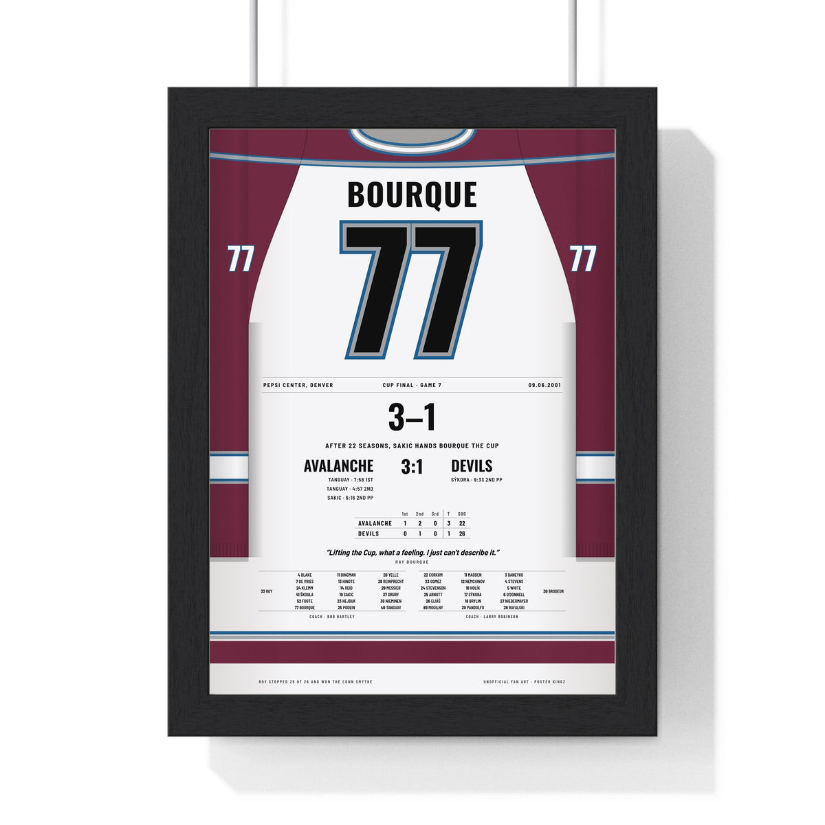 Ray Bourque 2001 Cup Final Game 7 Poster - Colorado Avalanche 77 Hockey Jersey Print framed in a black frame, ready to hang