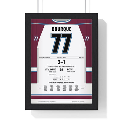 Ray Bourque 2001 Cup Final Game 7 Poster - Colorado Avalanche 77 Hockey Jersey Print framed in a black frame, ready to hang