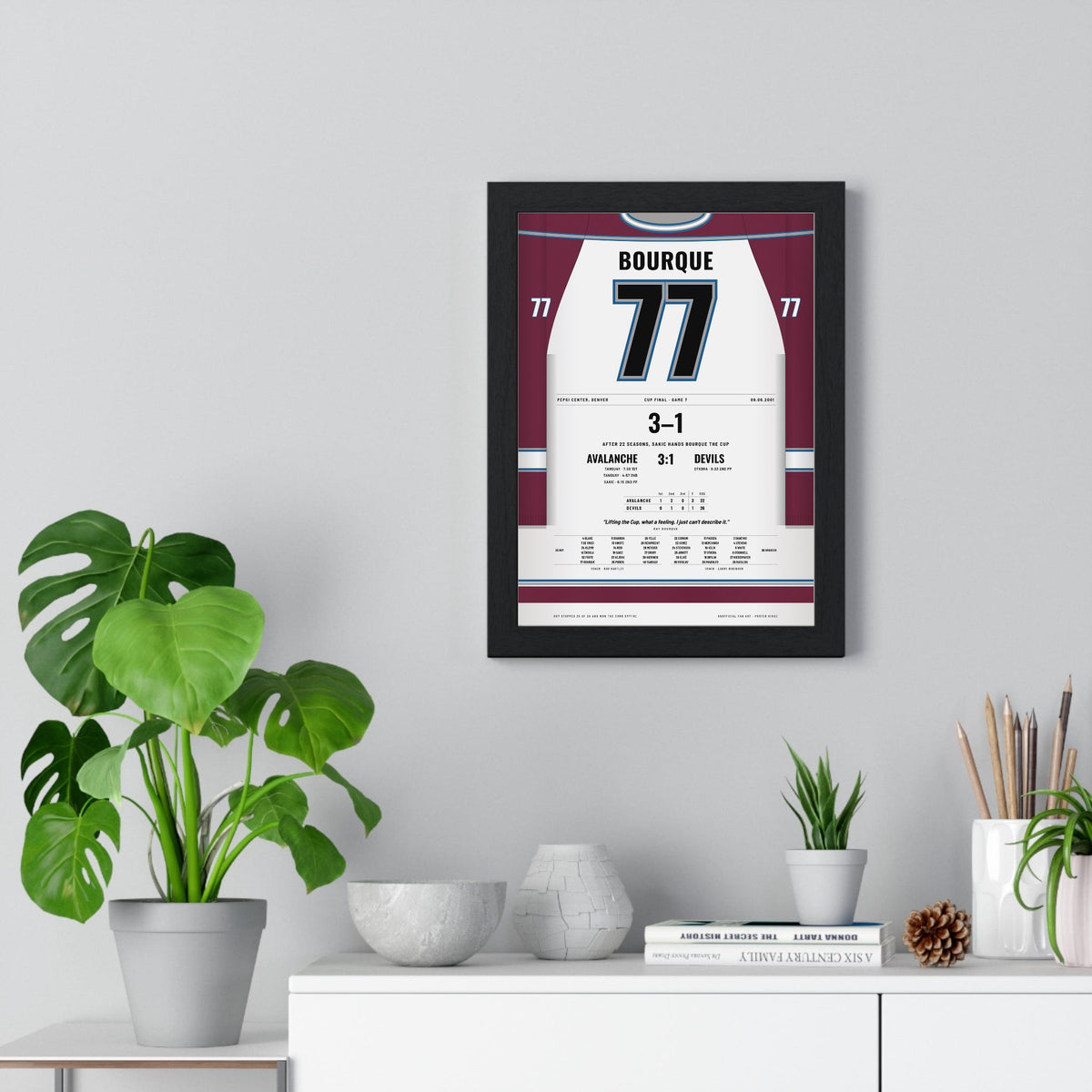 Ray Bourque 2001 Cup Final Game 7 Poster - Colorado Avalanche 77 Hockey Jersey Print framed on a living room wall