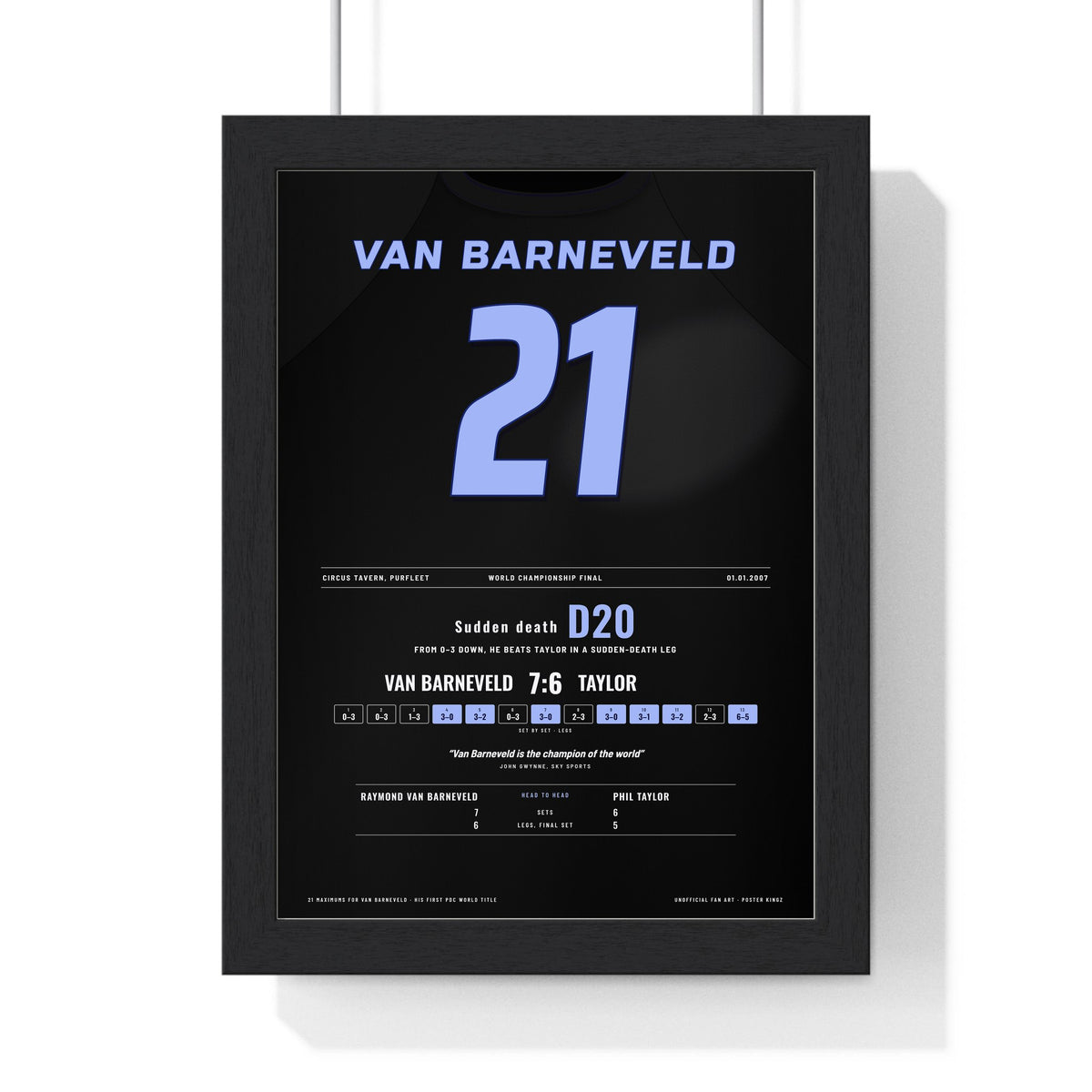 Raymond van Barneveld World Darts Final 2007 Darts Poster - Sudden Death v Taylor Shirt Print framed in a black frame, ready to hang