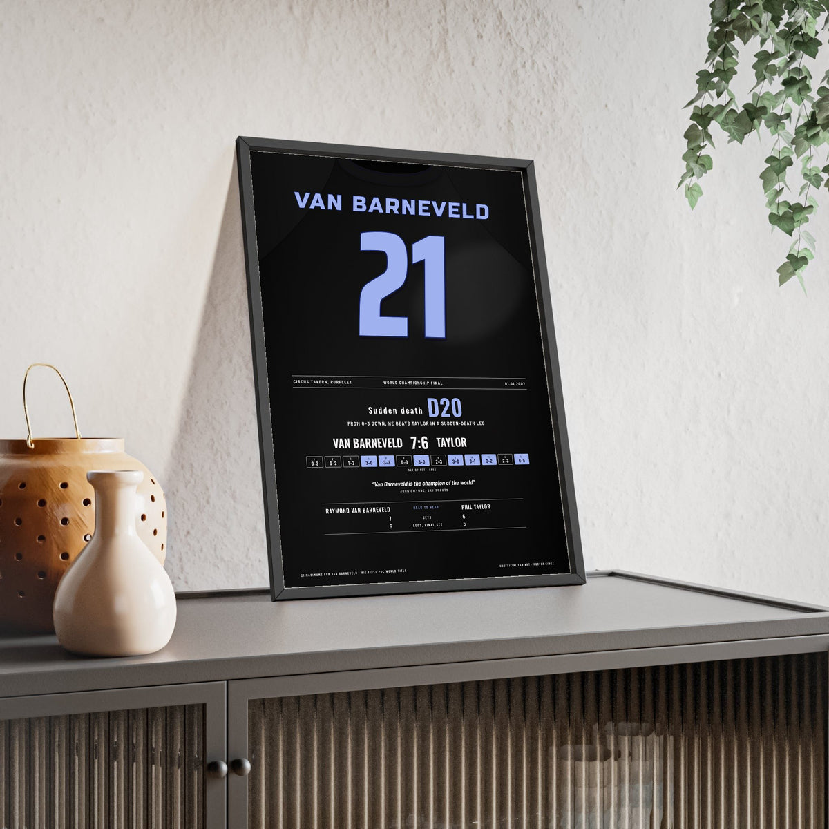 Raymond van Barneveld World Darts Final 2007 Darts Poster - Sudden Death v Taylor Shirt Print framed and leaning on a sideboard