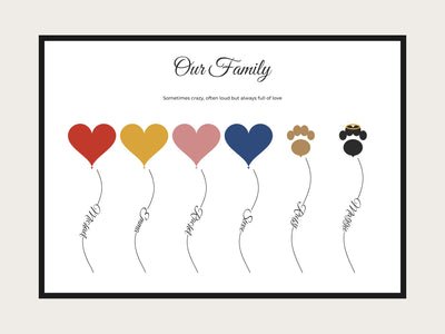 Personalised Family Balloon Print | Custom Heart & Paw Names Wall Art | Family Gift