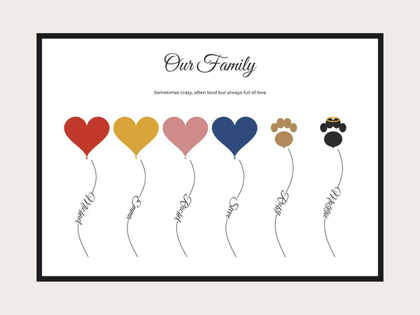 Personalised family balloon print with custom names, hearts and pet paw marks in multiple colours