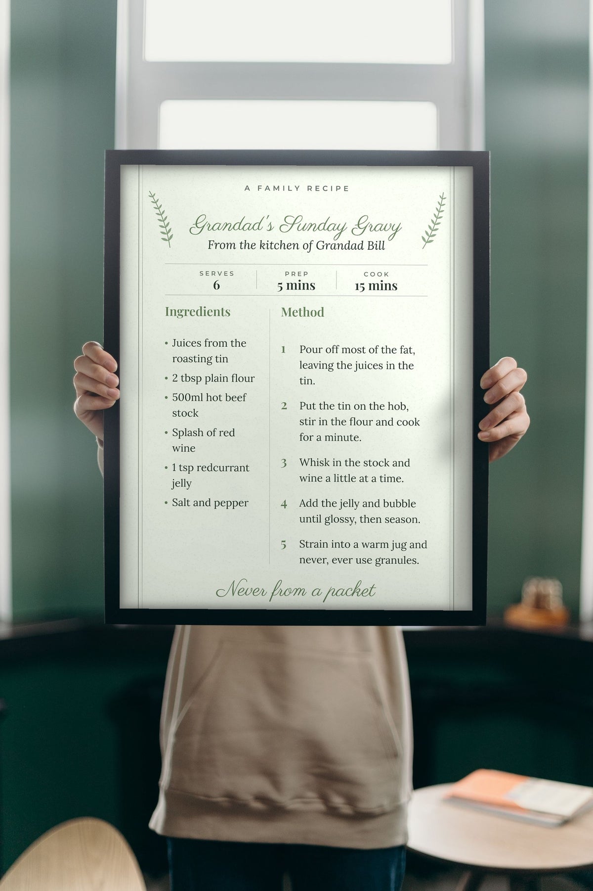 Personalised Family Recipe Print - Lifestyle - held up in a bright room