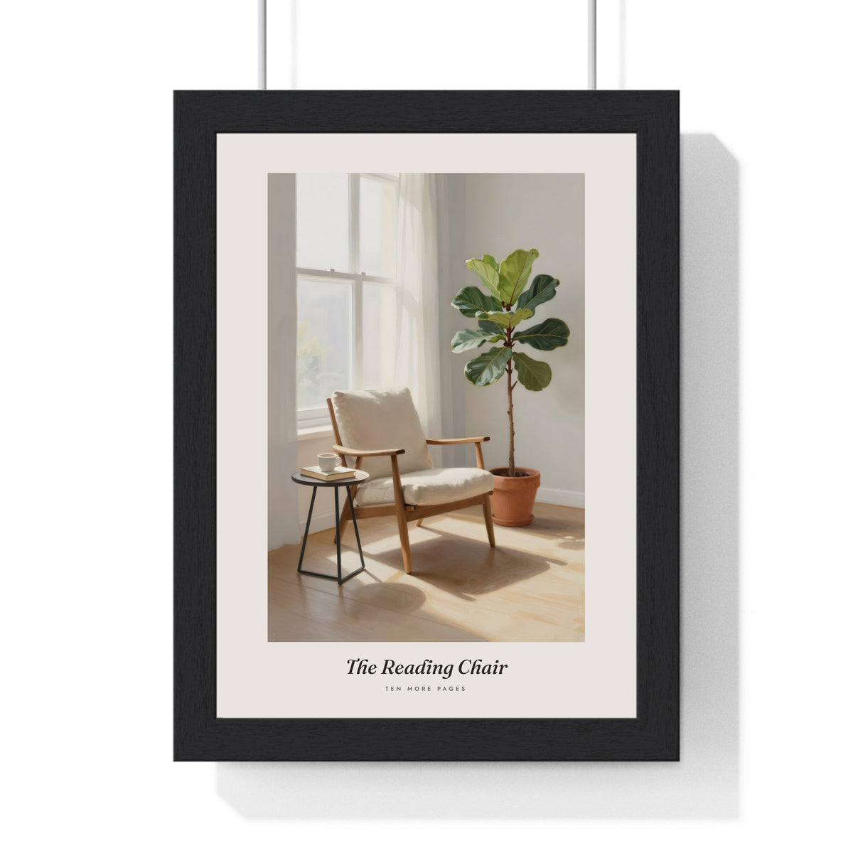 Reading Chair Print - Home Office Wall Art framed in a black frame, ready to hang