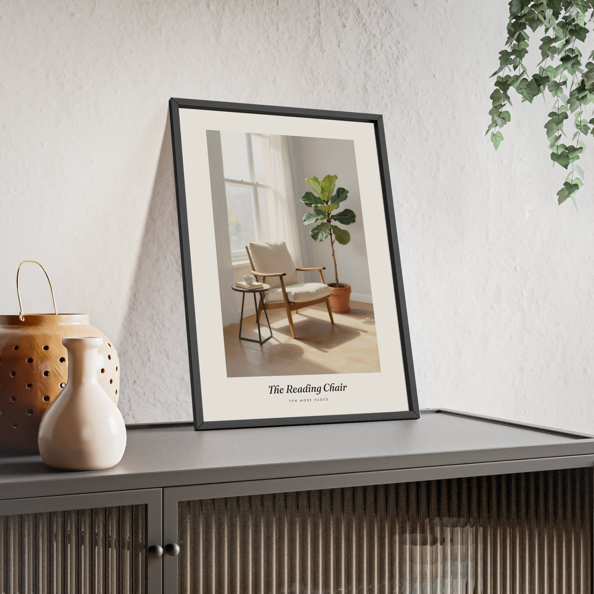 Reading Chair Print - Home Office Wall Art framed and leaning on a sideboard