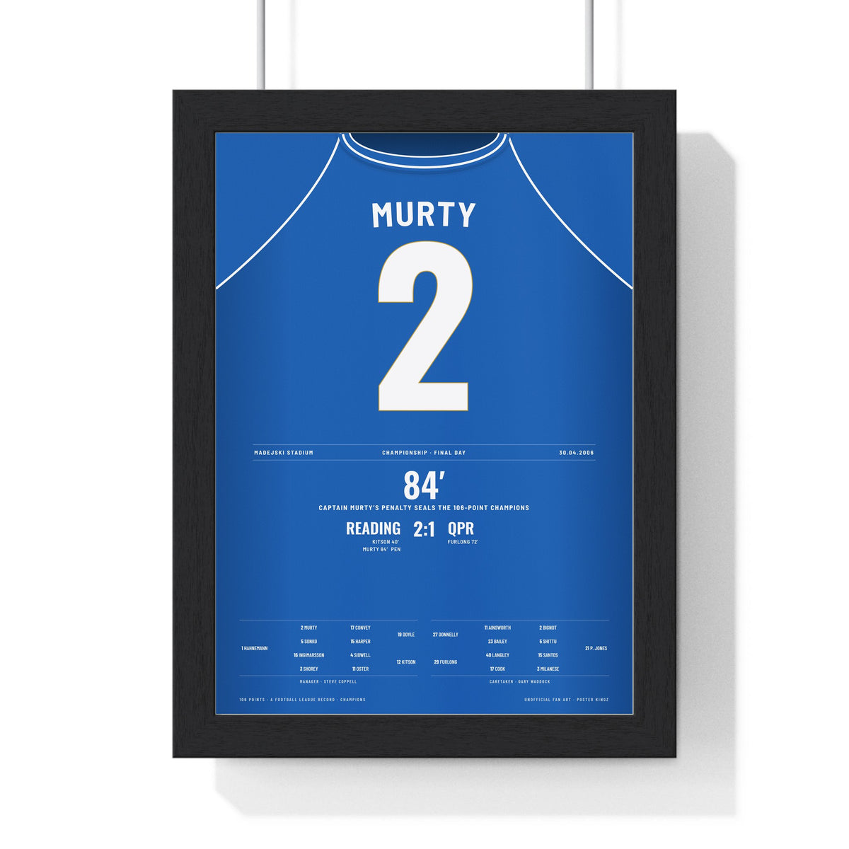 Reading Champions 2006 Poster - Graeme Murty 2 106 Points Madejski Shirt Print framed in a black frame, ready to hang
