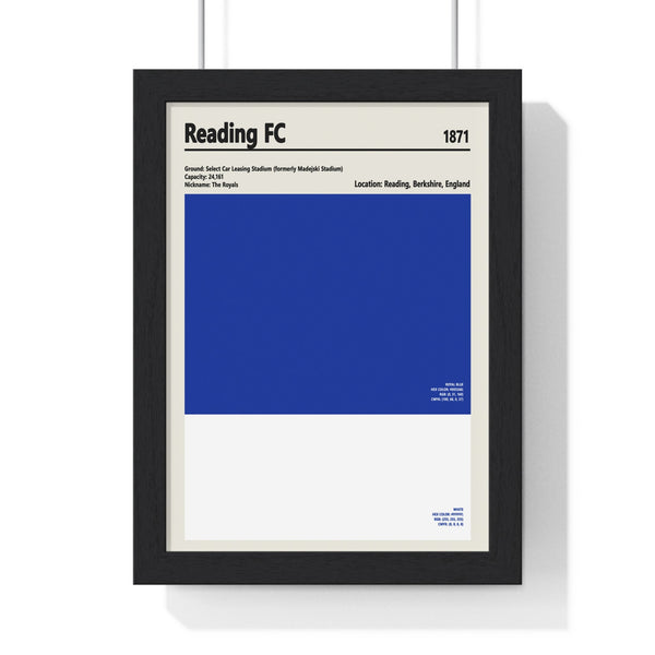 Framed Reading FC colour swatch print in white wood frame showing royal blue and white palette