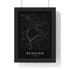 Reading street map poster in black, minimal city map print framed in a black frame