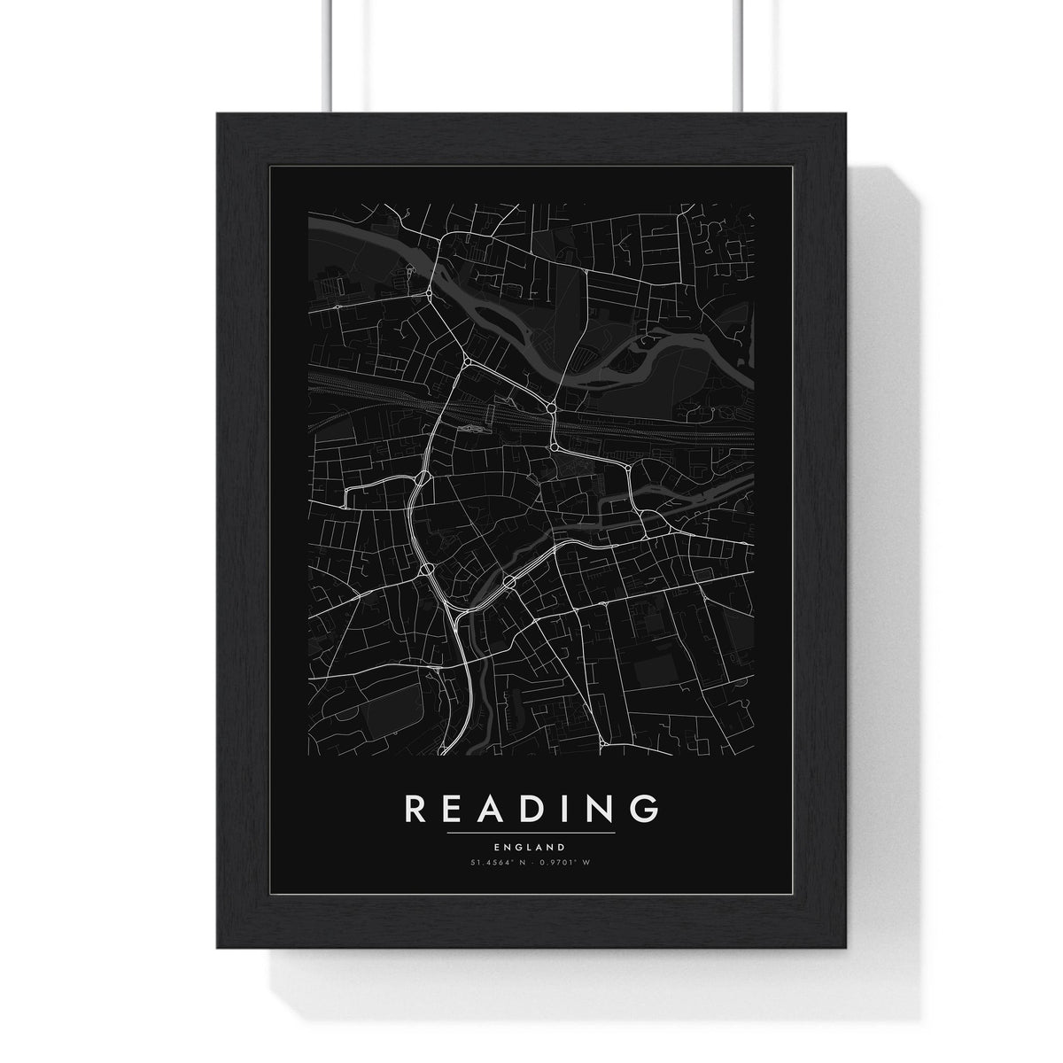 Reading street map poster in black, minimal city map print framed in a black frame