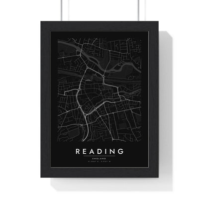 Reading street map poster in black, minimal city map print framed in a black frame