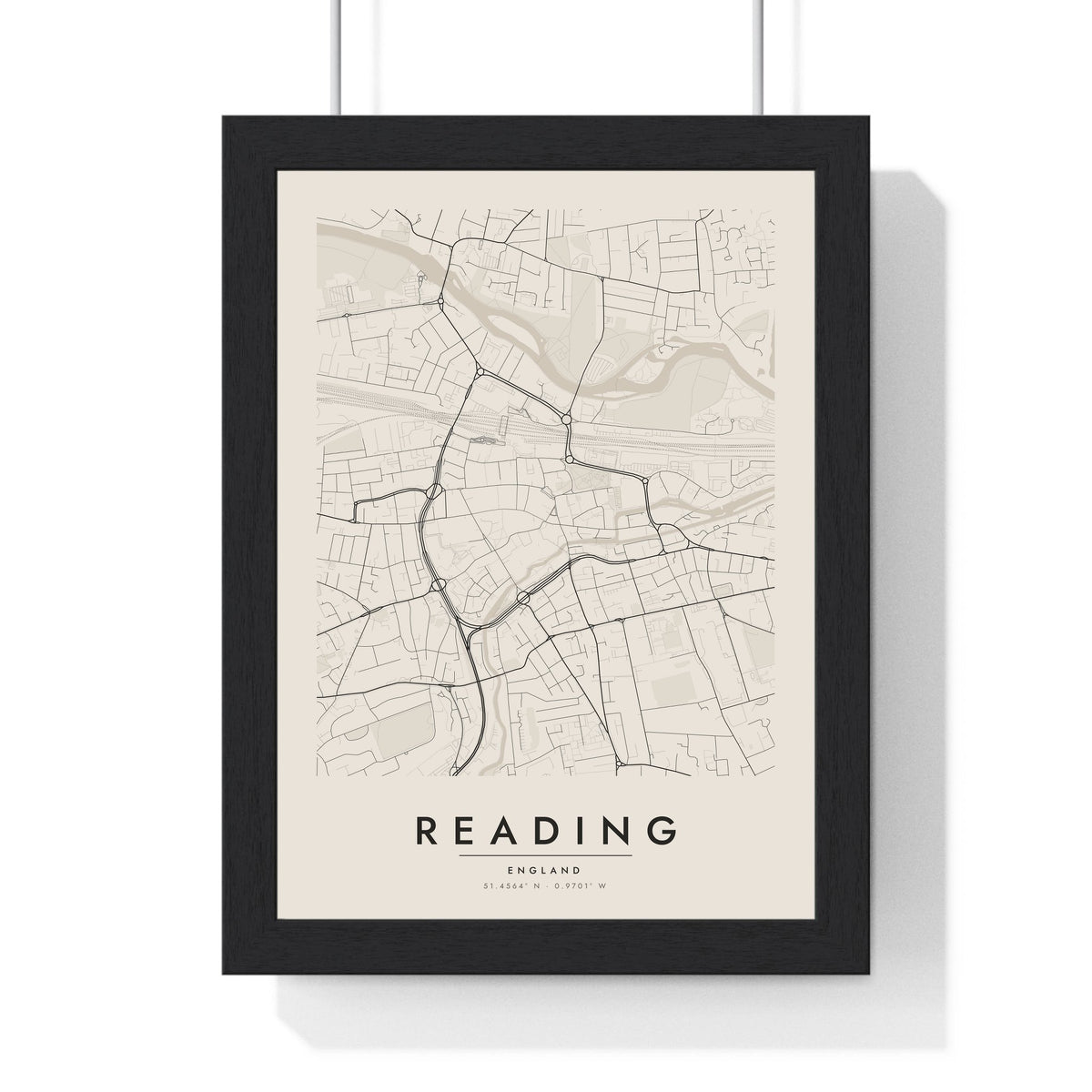 Reading street map poster in cream, minimal city map print framed in a black frame