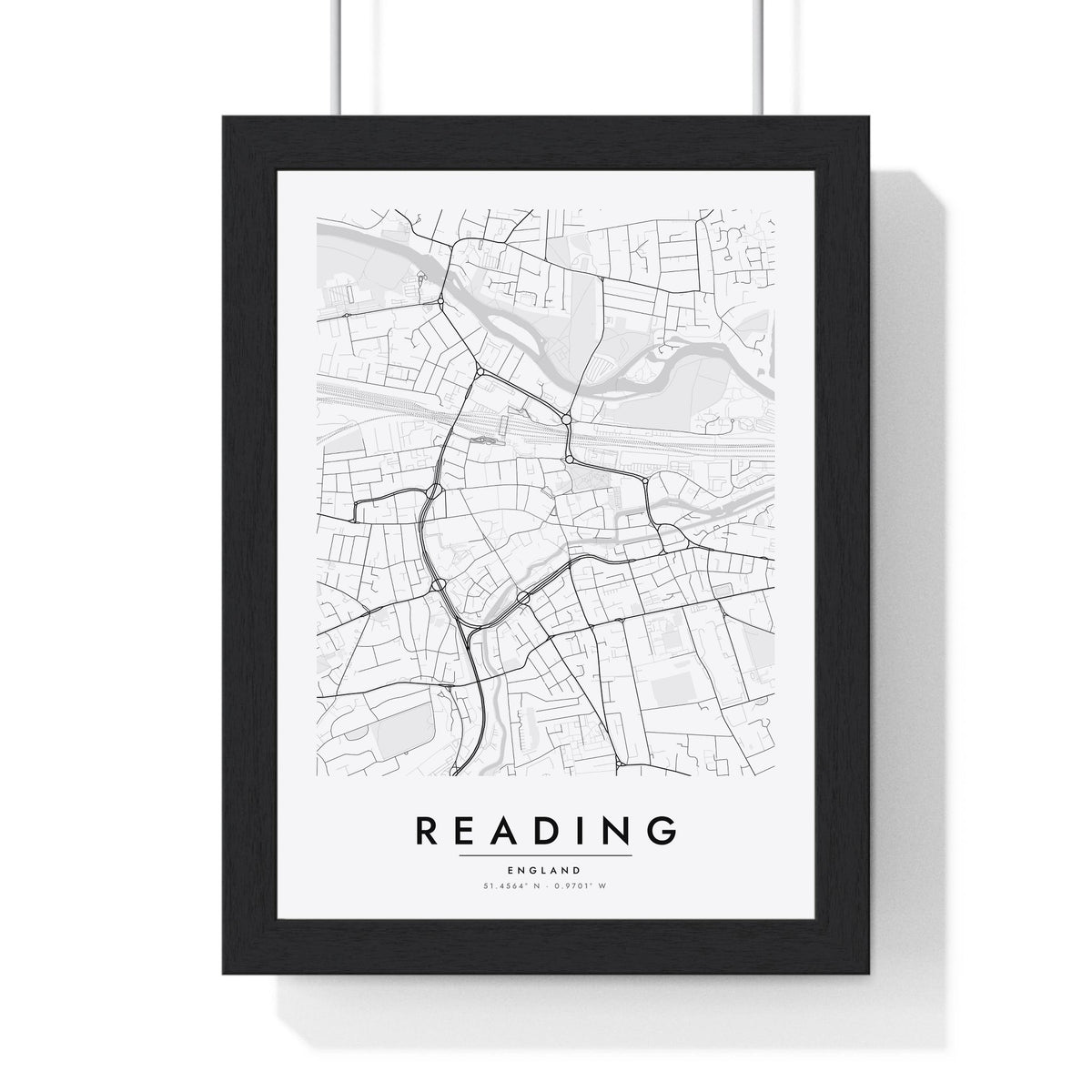 Reading street map poster in white, minimal city map print framed in a black frame