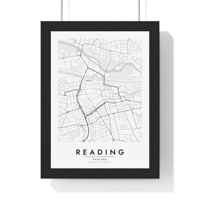 Reading street map poster in white, minimal city map print framed in a black frame