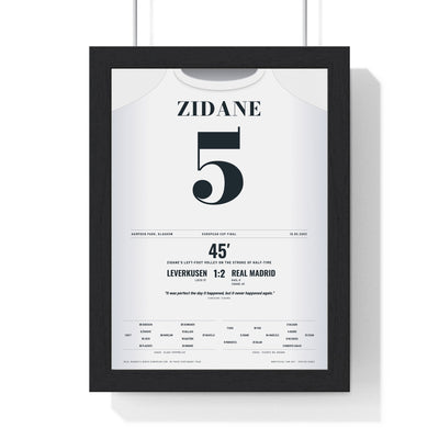 Real Madrid Champions League Final 2002 Poster - Zinedine Zidane 5 Volley Hampden Shirt Print framed in a black frame, ready to hang