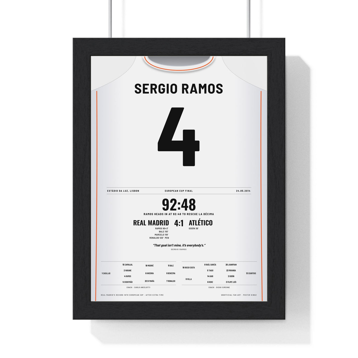Real Madrid Champions League Final 2014 Poster - Sergio Ramos 4 92:48 La Decima Shirt Print framed in a black frame, ready to hang