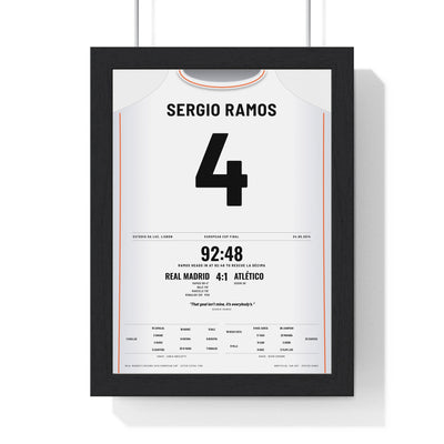 Real Madrid Champions League Final 2014 Poster - Sergio Ramos 4 92:48 La Decima Shirt Print framed in a black frame, ready to hang