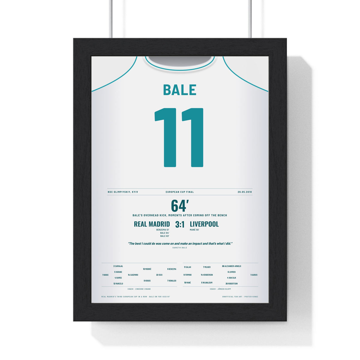 Real Madrid Champions League Final 2018 Poster - Gareth Bale 11 Overhead Kick Kyiv Shirt Print framed in a black frame, ready to hang