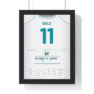 Real Madrid Champions League Final 2018 Poster - Gareth Bale 11 Overhead Kick Kyiv Shirt Print framed in a black frame, ready to hang