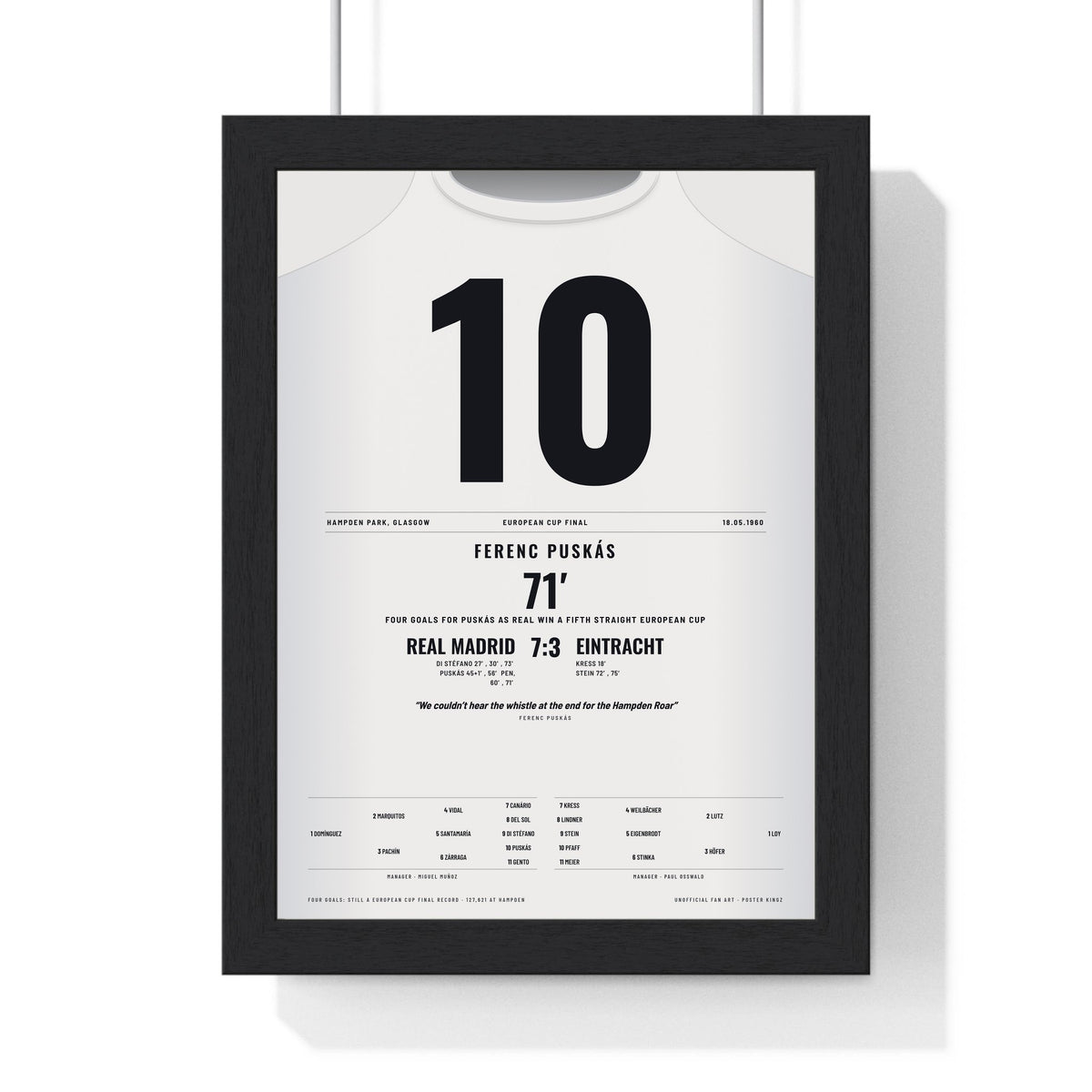 Real Madrid European Cup Final 1960 Poster - Ferenc Puskás 10 Four Goals Hampden Shirt Print framed in a black frame, ready to hang