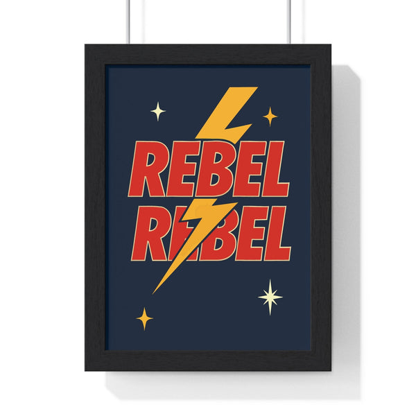 Rebel Rebel David Bowie inspired poster framed in black frame on bedroom wall