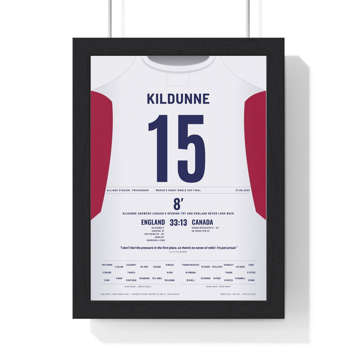 Red Roses Women’s Rugby World Cup Final 2025 Poster - Ellie Kildunne 15 Twickenham Print framed in a black frame, ready to hang