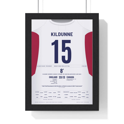 Red Roses Women’s Rugby World Cup Final 2025 Poster - Ellie Kildunne 15 Twickenham Print framed in a black frame, ready to hang