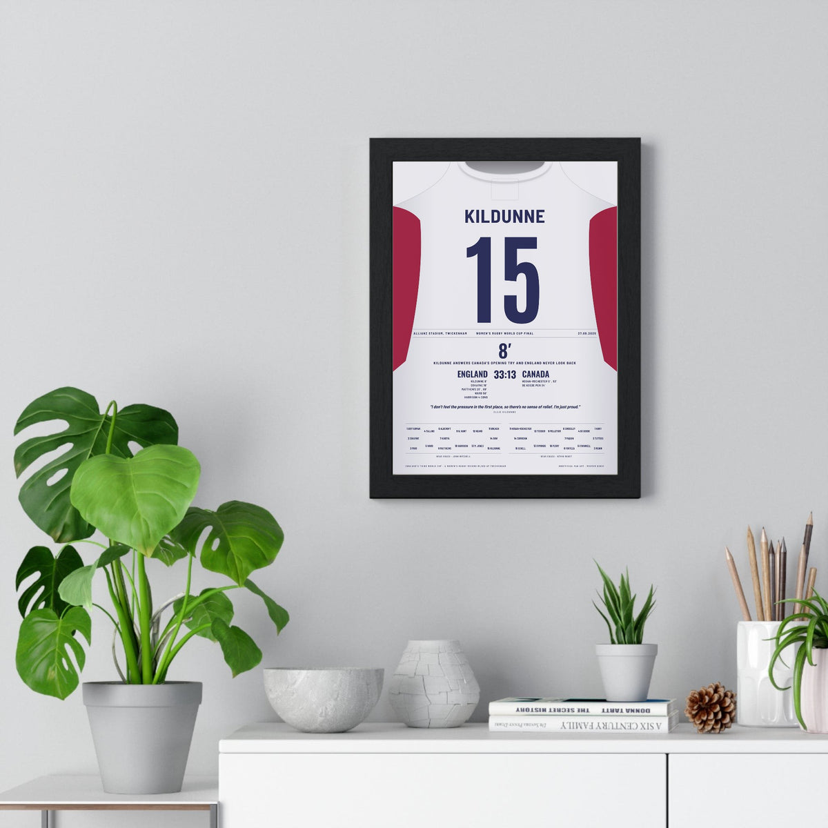 Red Roses Women’s Rugby World Cup Final 2025 Poster - Ellie Kildunne 15 Twickenham Print framed on a living room wall