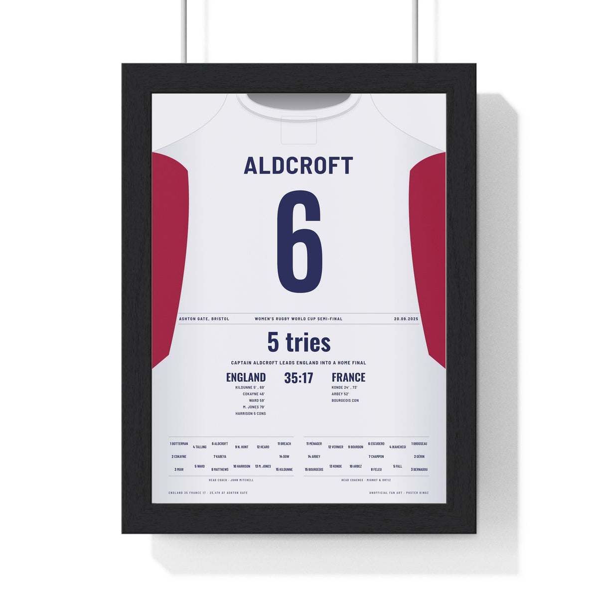 Red Roses Women's Rugby World Cup Semi-Final 2025 Poster - Zoe Aldcroft 6 Shirt Print framed in a black frame, ready to hang