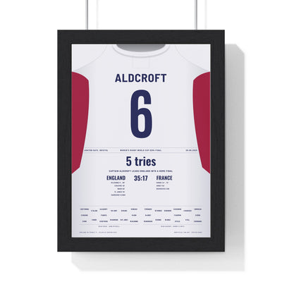 Red Roses Women's Rugby World Cup Semi-Final 2025 Poster - Zoe Aldcroft 6 Shirt Print framed in a black frame, ready to hang