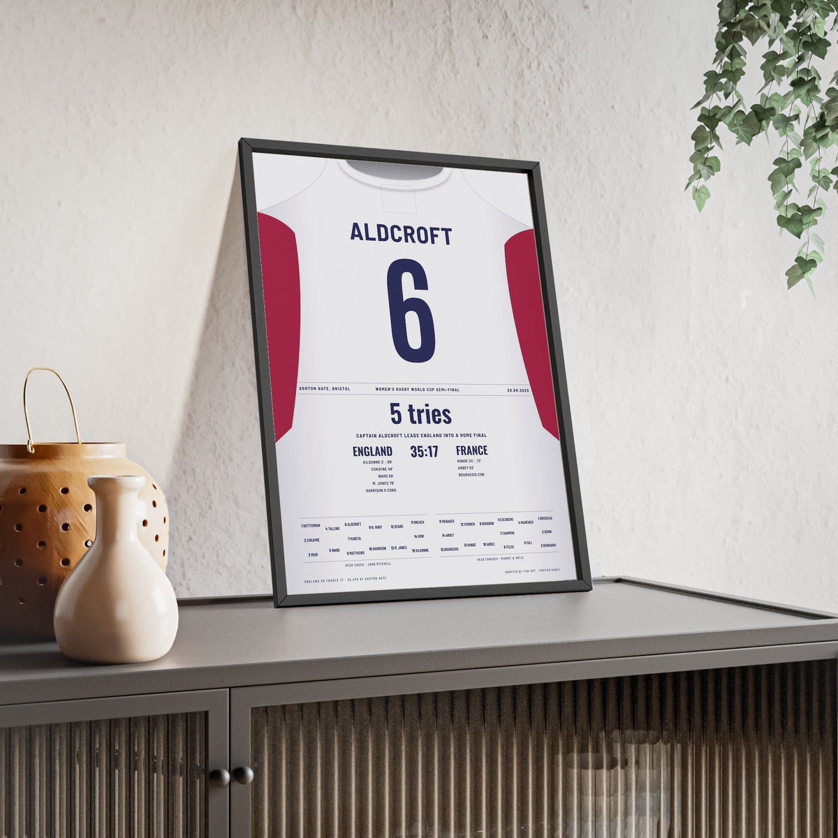 Red Roses Women's Rugby World Cup Semi-Final 2025 Poster - Zoe Aldcroft 6 Shirt Print framed and leaning on a sideboard