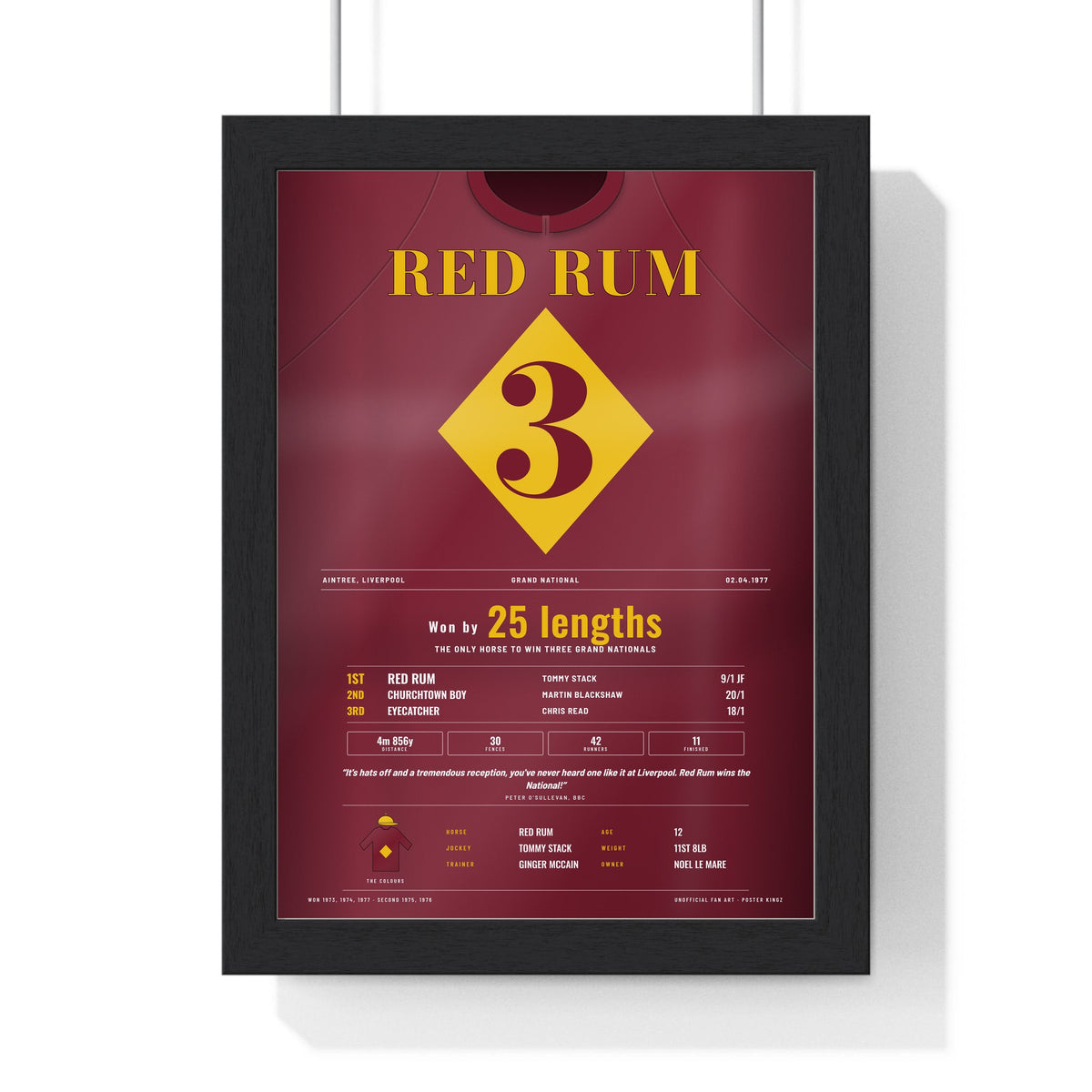 Red Rum Grand National 1977 Horse Racing Poster - Third National Silks Print framed in a black frame, ready to hang