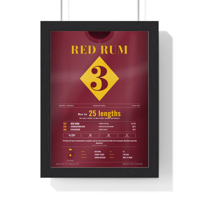 Red Rum Grand National 1977 Horse Racing Poster - Third National Silks Print framed in a black frame, ready to hang