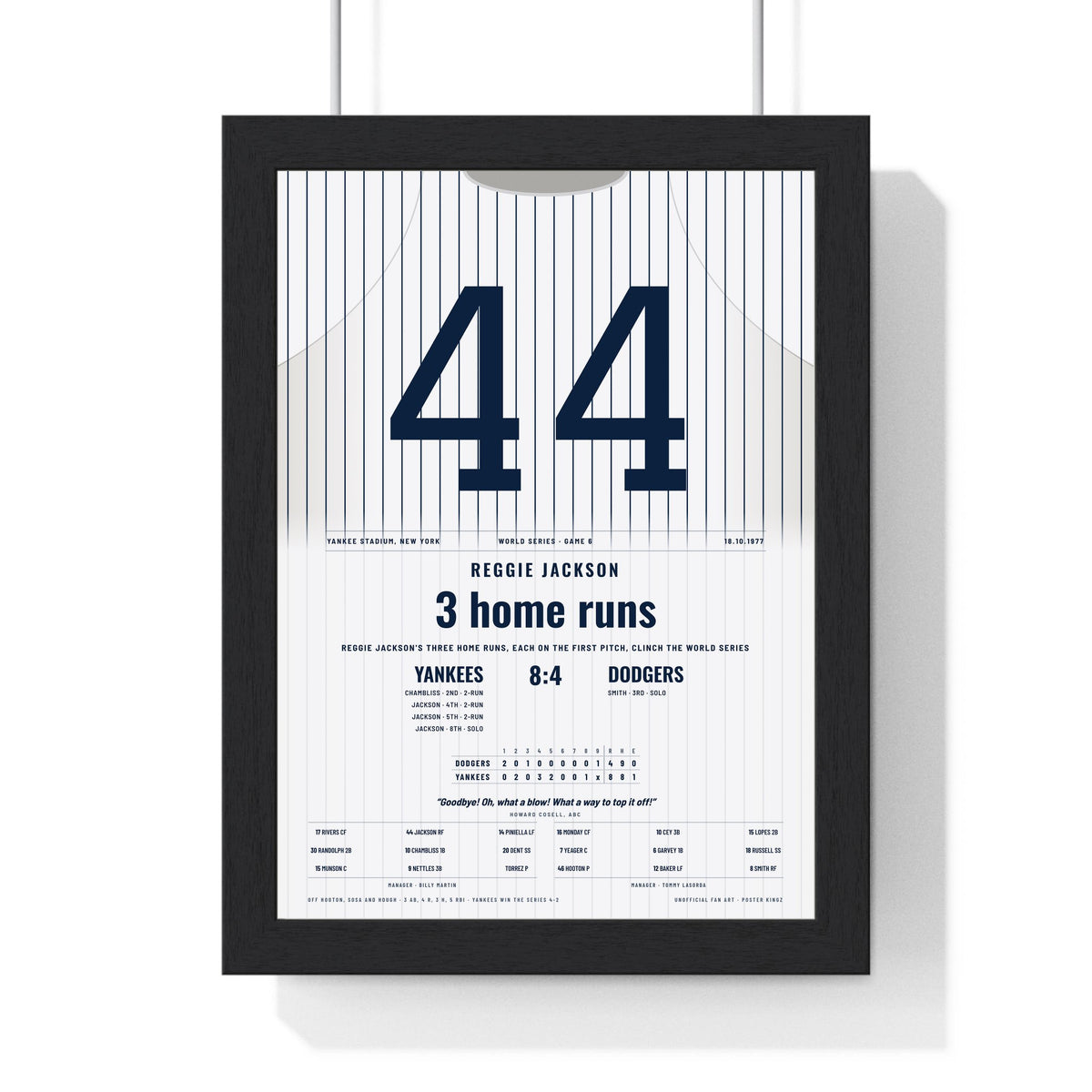 Reggie Jackson 1977 World Series Three Home Runs Poster - New York Yankees 44 Jersey Print framed in a black frame, ready to hang