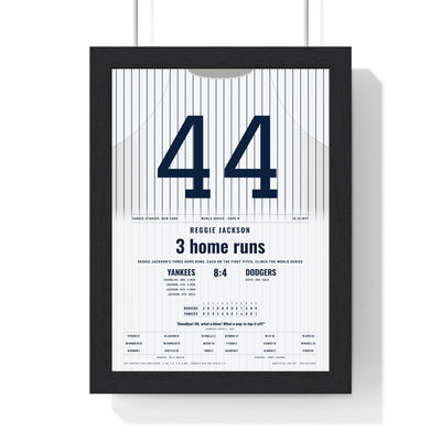 Reggie Jackson 1977 World Series Three Home Runs Poster - New York Yankees 44 Jersey Print framed in a black frame, ready to hang