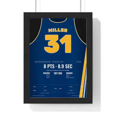 Reggie Miller 1995 8 Points in 8.9 Seconds Poster - Indiana Pacers 31 Jersey Print framed in a black frame, ready to hang