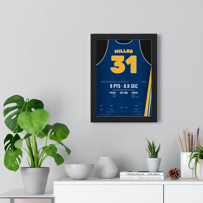 Reggie Miller 1995 8 Points in 8.9 Seconds Poster - Indiana Pacers 31 Jersey Print framed on a living room wall