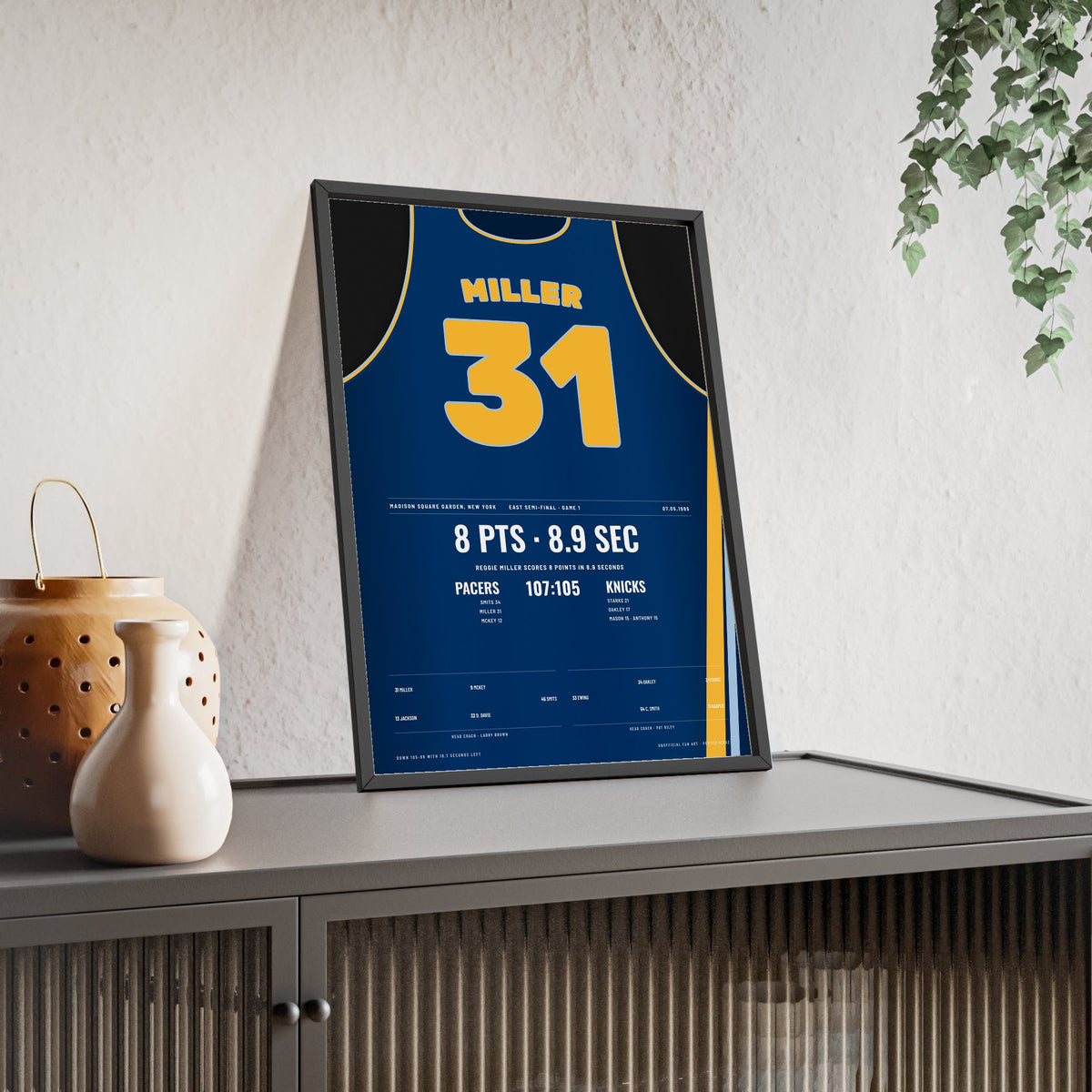Reggie Miller 1995 8 Points in 8.9 Seconds Poster - Indiana Pacers 31 Jersey Print framed and leaning on a sideboard
